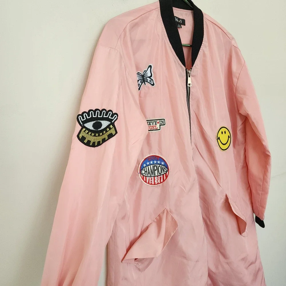 Y2K 36.5 Pink Longline Bomber Jacket with Patches Womens S Windbreaker Retro